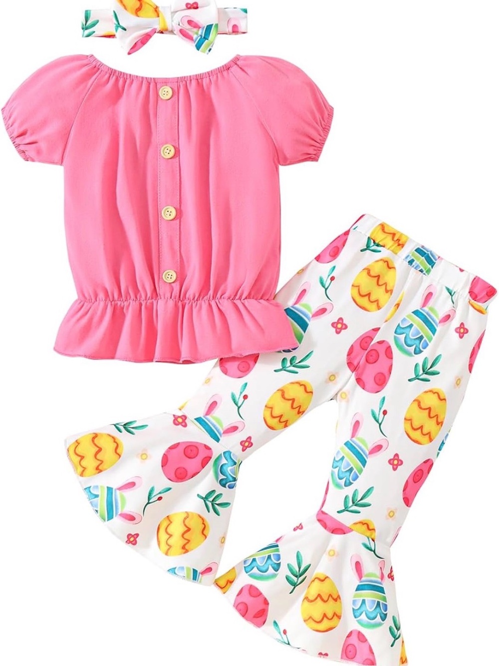 Girls Pink Peplum Top & Floral Bell-Bottom Pajama Set